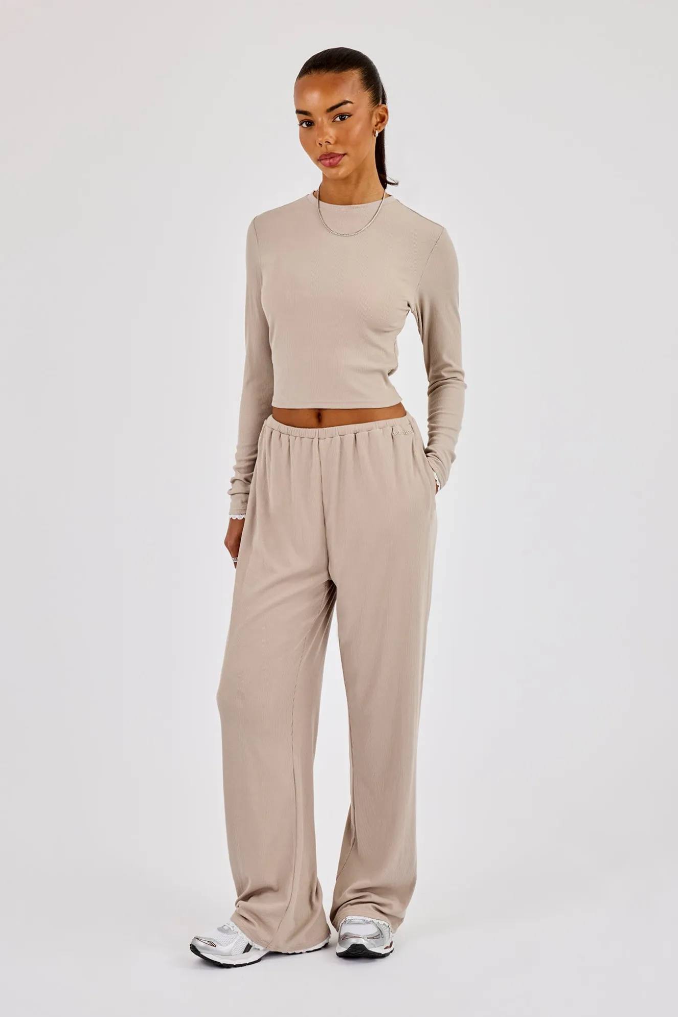 Soft Touch Ribbed Long Sleeve T-Shirt & Trouser - Taupe