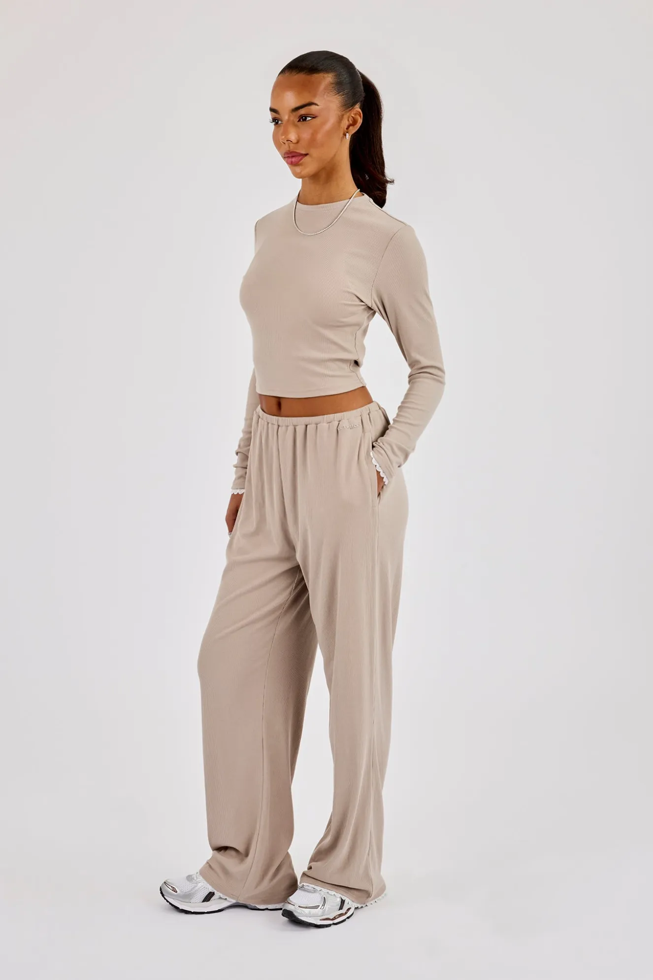 Soft Touch Ribbed Long Sleeve T-Shirt & Trouser - Taupe