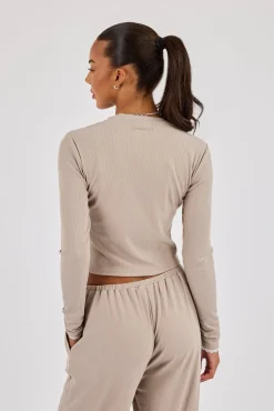 Soft Touch Ribbed Long Sleeve T-Shirt - Taupe