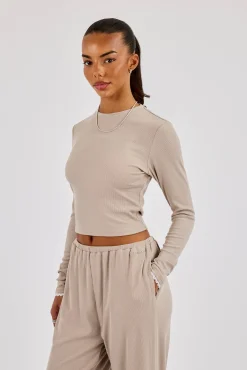 Soft Touch Ribbed Long Sleeve T-Shirt - Taupe