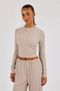 Soft Touch Ribbed Long Sleeve T-Shirt - Taupe