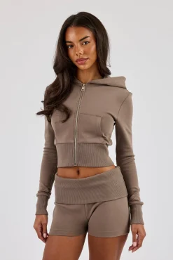 Soft Touch Rib Contrast Fitted Zip Through & Folder Over Waist Short - Taupe