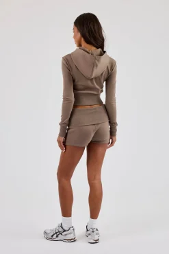 Soft Touch Rib Contrast Fitted Zip Through & Folder Over Waist Short - Taupe