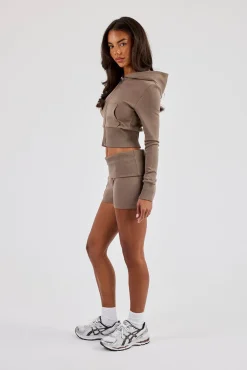 Soft Touch Rib Contrast Fitted Zip Through & Folder Over Waist Short - Taupe