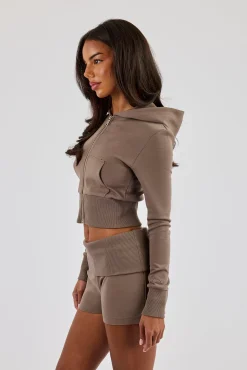 Soft Touch Rib Contrast Fitted Zip Through - Taupe