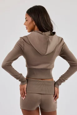 Soft Touch Rib Contrast Fitted Zip Through - Taupe