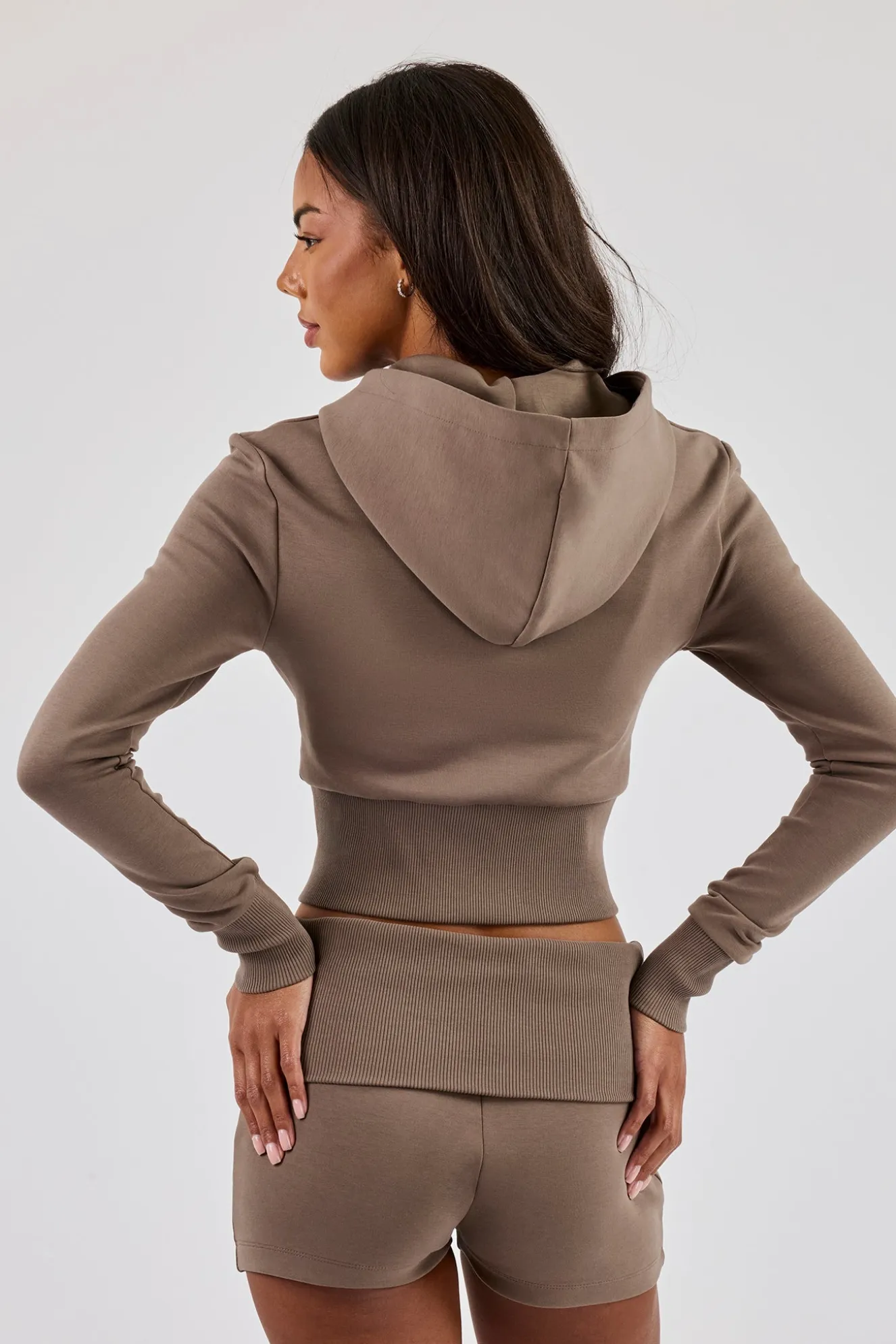 Soft Touch Rib Contrast Fitted Zip Through - Taupe