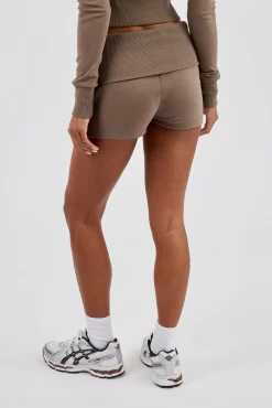 Soft Touch Rib Fold Over Waist Short - Taupe