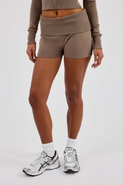 Soft Touch Rib Fold Over Waist Short - Taupe