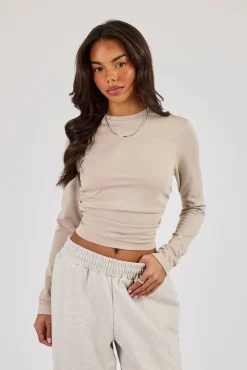 Soft Touch Ruched Long Sleeve Top - Stone