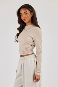 Soft Touch Ruched Long Sleeve Top - Stone