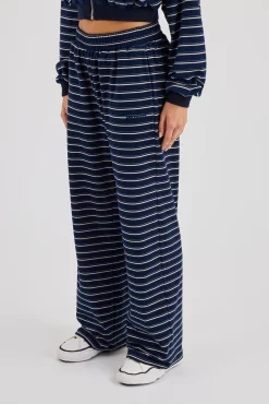 Soft Touch Stripe Button Detail Wide Leg Jogger - Navy