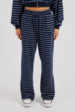 Soft Touch Stripe Button Detail Wide Leg Jogger - Navy