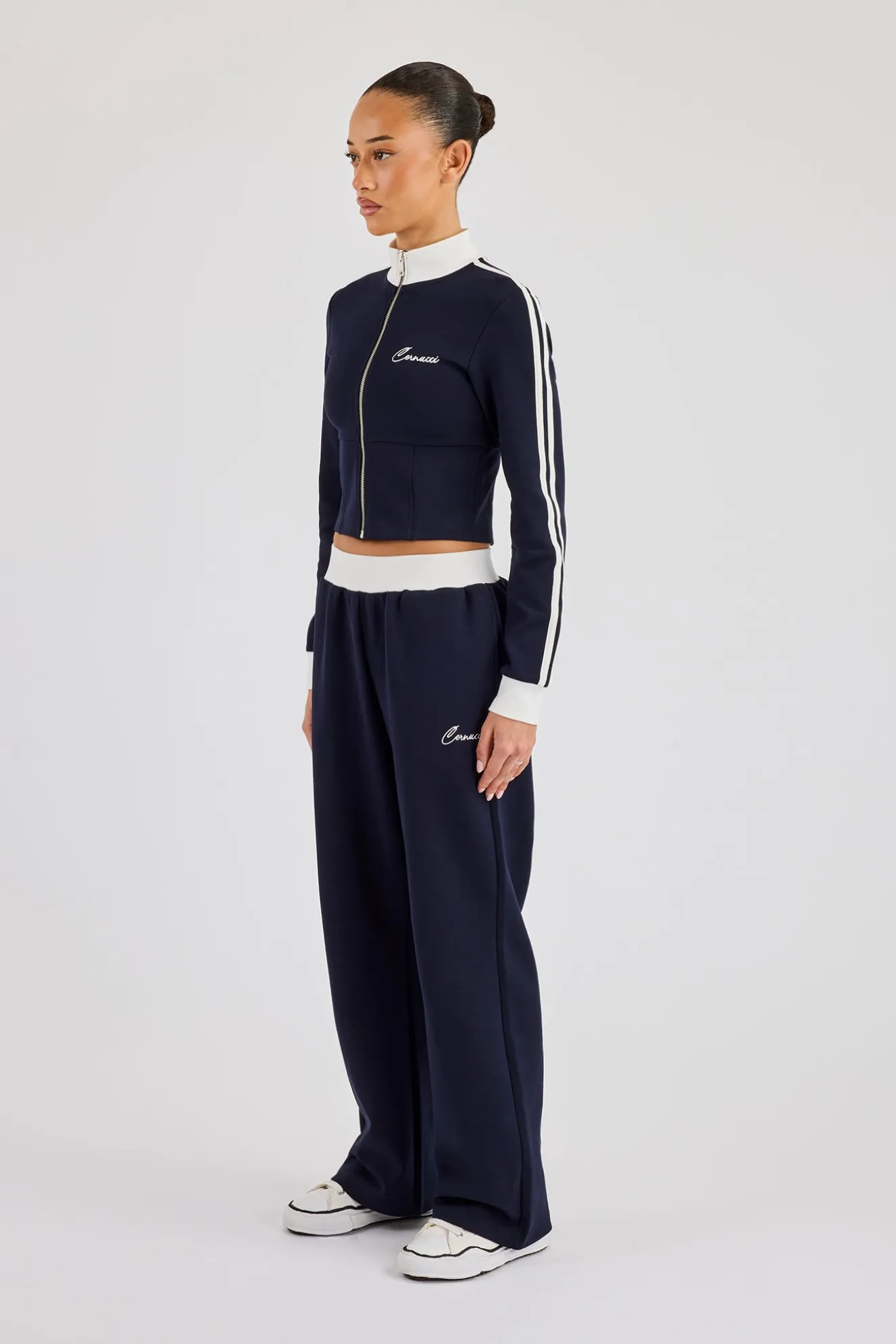 Soft Touch Stripe Zip Through Track Jacket & Wide Leg Jogger - Navy Blue