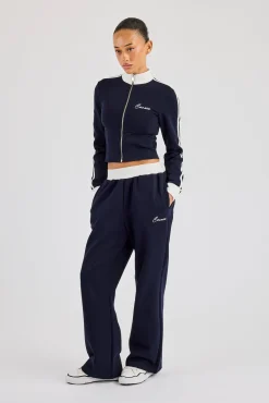 Soft Touch Stripe Zip Through Track Jacket & Wide Leg Jogger - Navy Blue