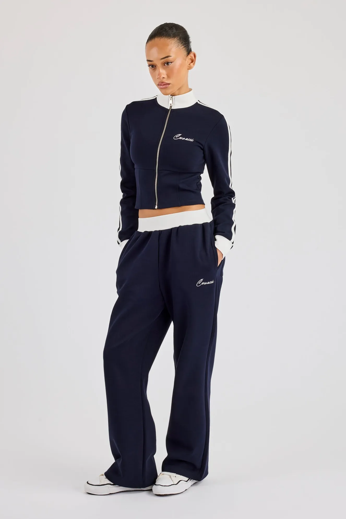 Soft Touch Stripe Zip Through Track Jacket & Wide Leg Jogger - Navy Blue