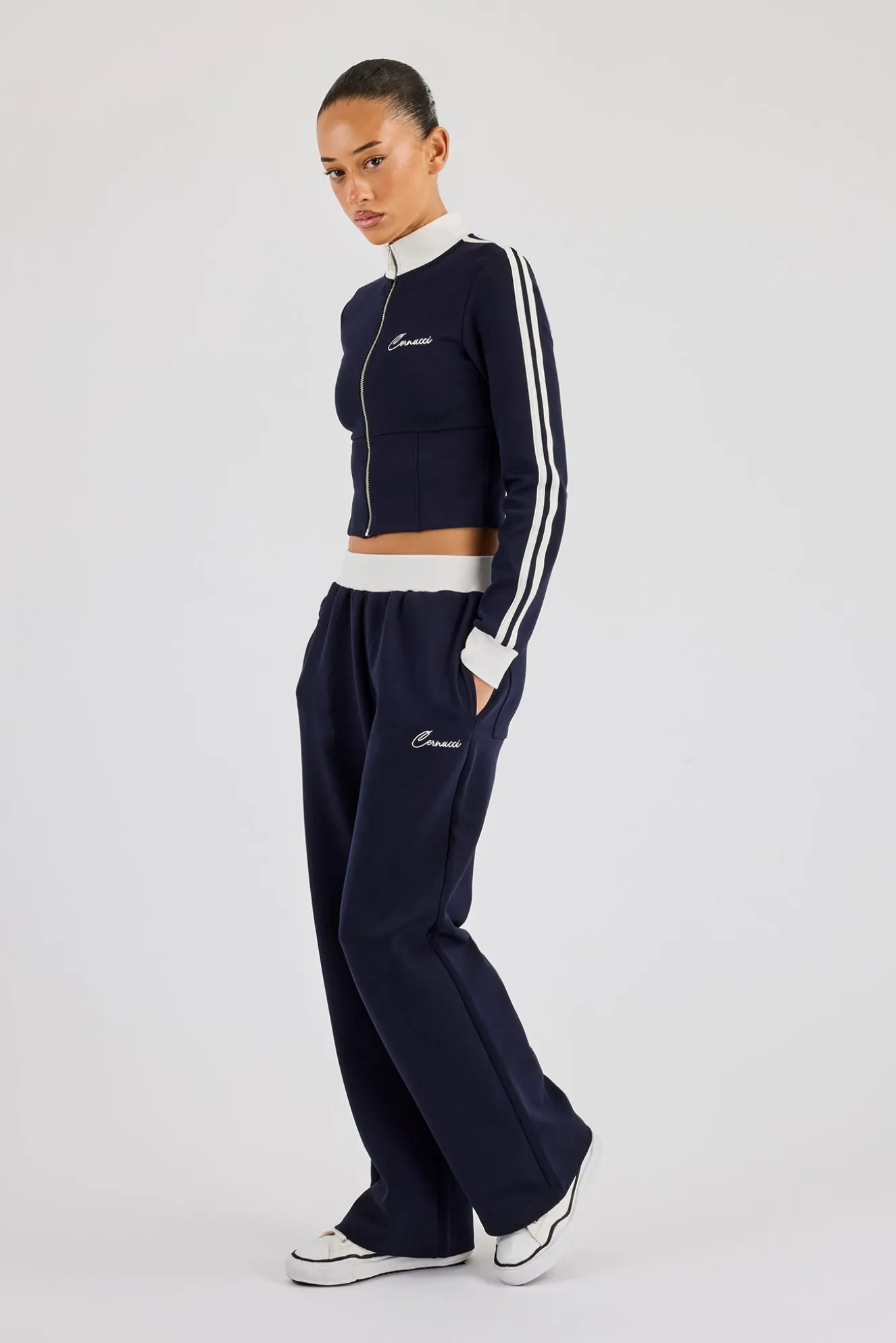 Soft Touch Stripe Zip Through Track Jacket & Wide Leg Jogger - Navy Blue