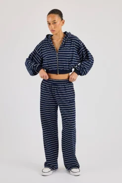 Soft Touch Stripe Zip Through Hoodie & Wide Leg Jogger - Navy