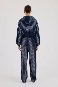 Soft Touch Stripe Zip Through Hoodie & Wide Leg Jogger - Navy