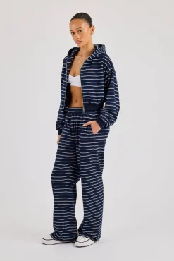 Soft Touch Stripe Zip Through Hoodie & Wide Leg Jogger - Navy