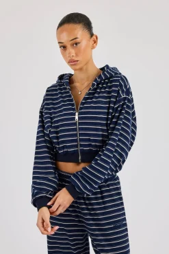 Soft Touch Stripe Zip Through Hoodie - Navy