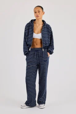 Soft Touch Stripe Zip Through Hoodie - Navy