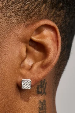 Square Box Iced Stud Earrings - 8mm - White
