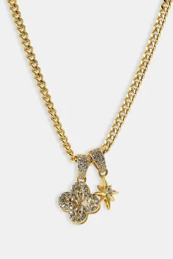 Starburst & Motif Pendant Necklace - 10mm - Gold