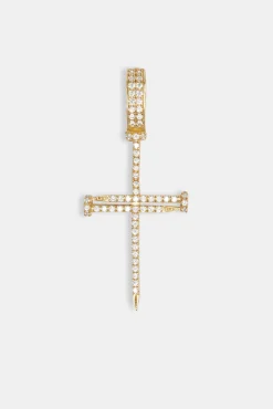 925 Sterling Silver Iced Nail Cross Pendant - Gold