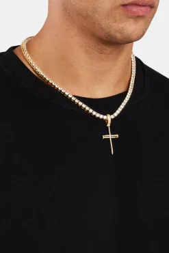 925 Sterling Silver Iced Nail Cross Pendant - Gold