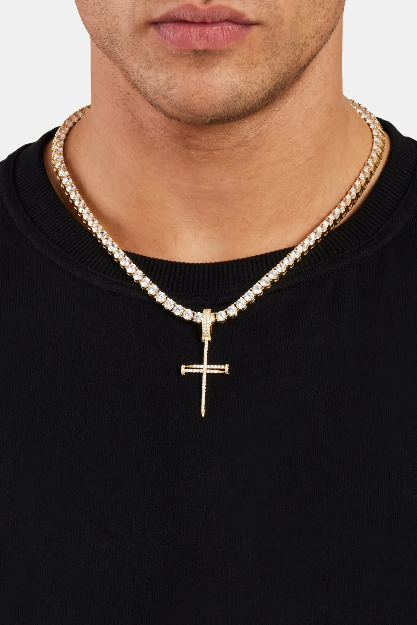 925 Sterling Silver Iced Nail Cross Pendant - Gold