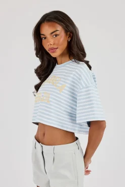 Striped Chain Stitch Cropped T-Shirt - Baby Blue