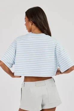 Striped Chain Stitch Cropped T-Shirt - Baby Blue