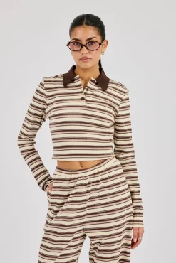 Striped Fitted Polo Top - Off White