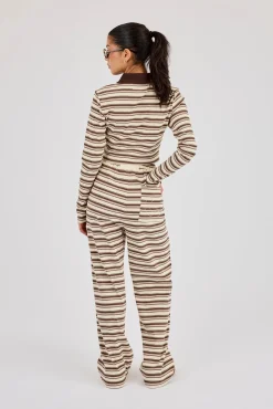 Stripe Fitted Polo Top & Wide Leg Trouser- Off White