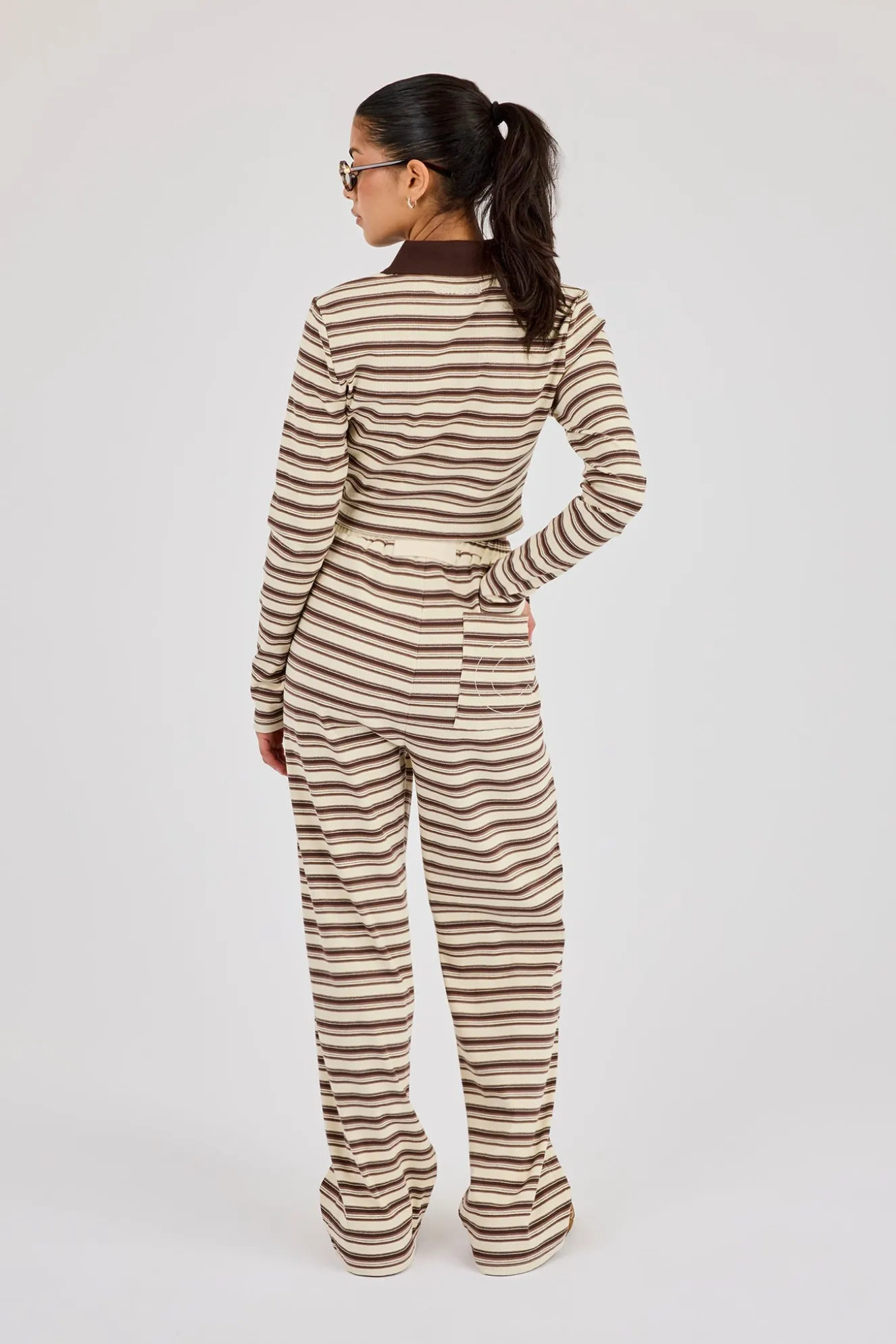 Stripe Fitted Polo Top & Wide Leg Trouser- Off White