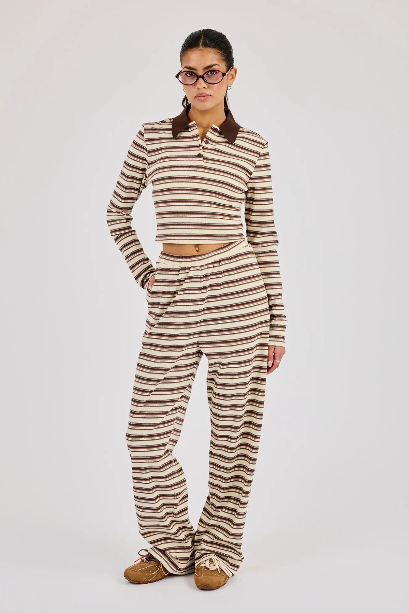 Stripe Fitted Polo Top & Wide Leg Trouser- Off White