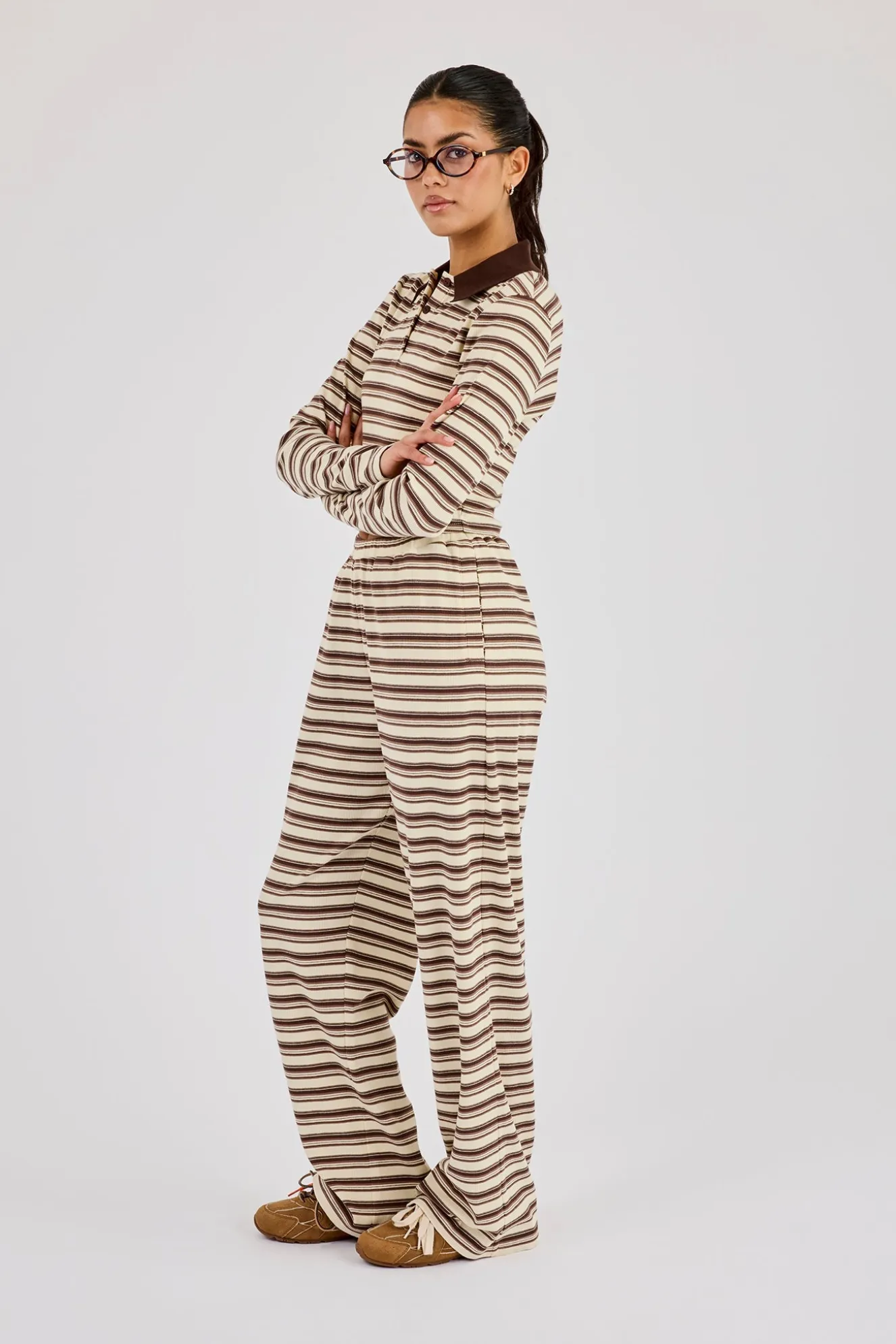 Stripe Fitted Polo Top & Wide Leg Trouser- Off White