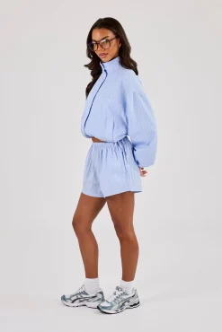 Stripe Nylon Funnel Neck Jacket & Nylon Short - Light Blue