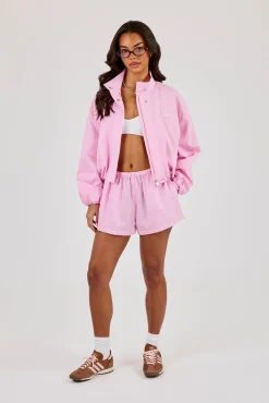 Stripe Nylon Funnel Neck Jacket & Short & Pink