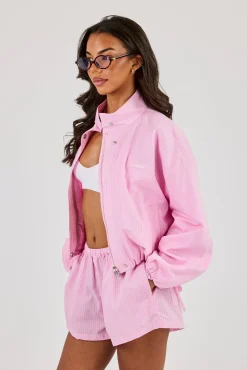 Stripe Nylon Funnel Neck Jacket - Pink