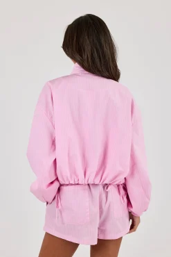 Stripe Nylon Funnel Neck Jacket - Pink