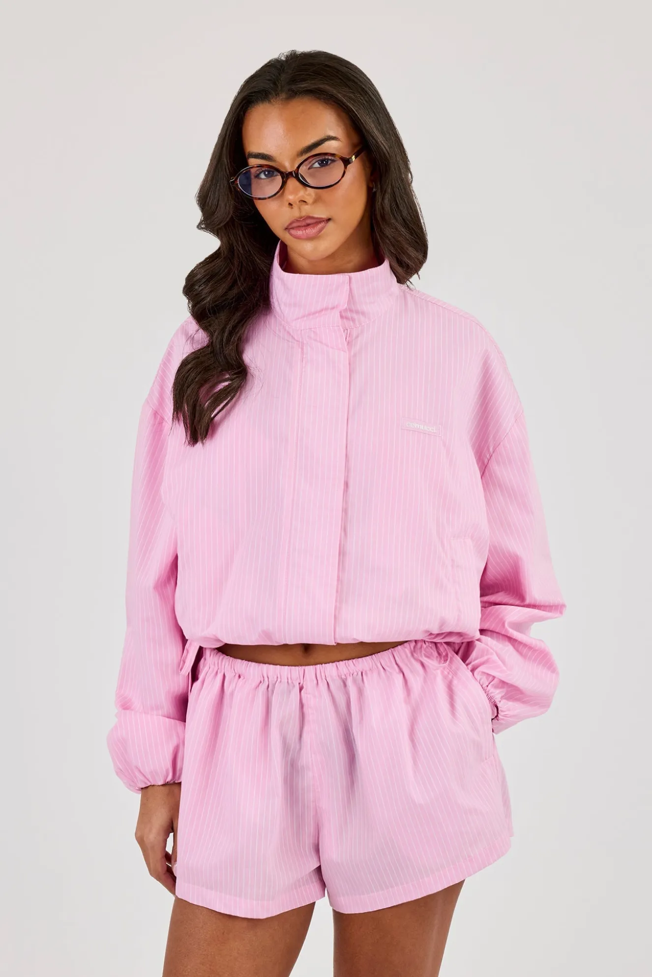 Stripe Nylon Funnel Neck Jacket - Pink