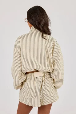 Stripe Nylon Funnel Neck Jacket - Butter Yellow