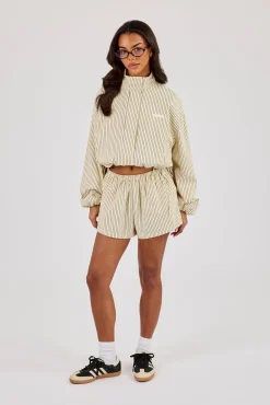 Stripe Nylon Funnel Neck Jacket - Butter Yellow