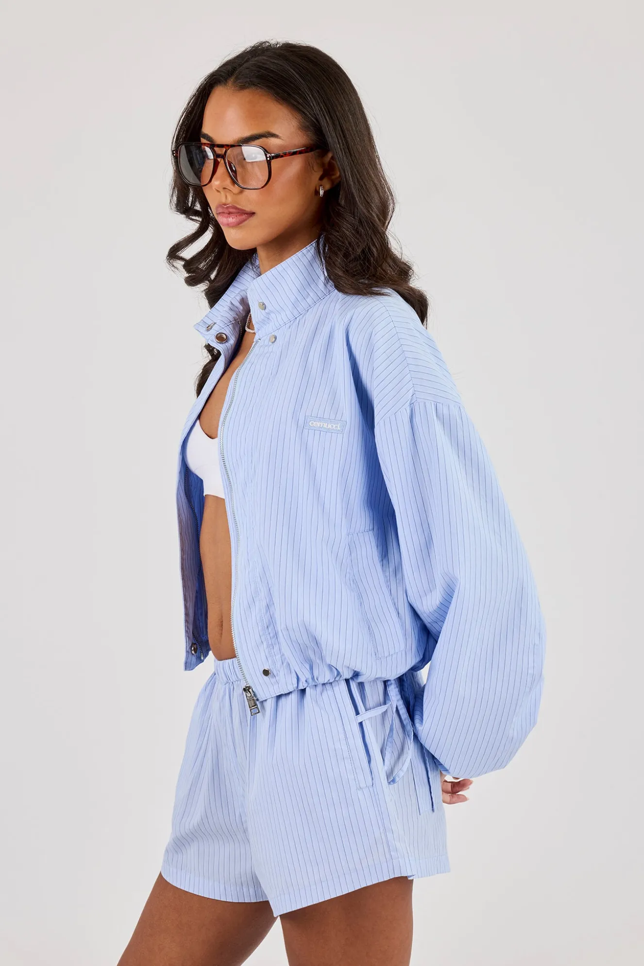 Stripe Nylon Funnel Neck Jacket - Light Blue