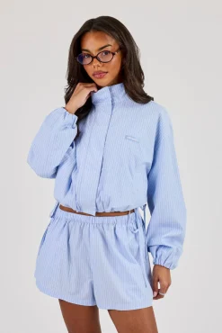 Stripe Nylon Funnel Neck Jacket - Light Blue