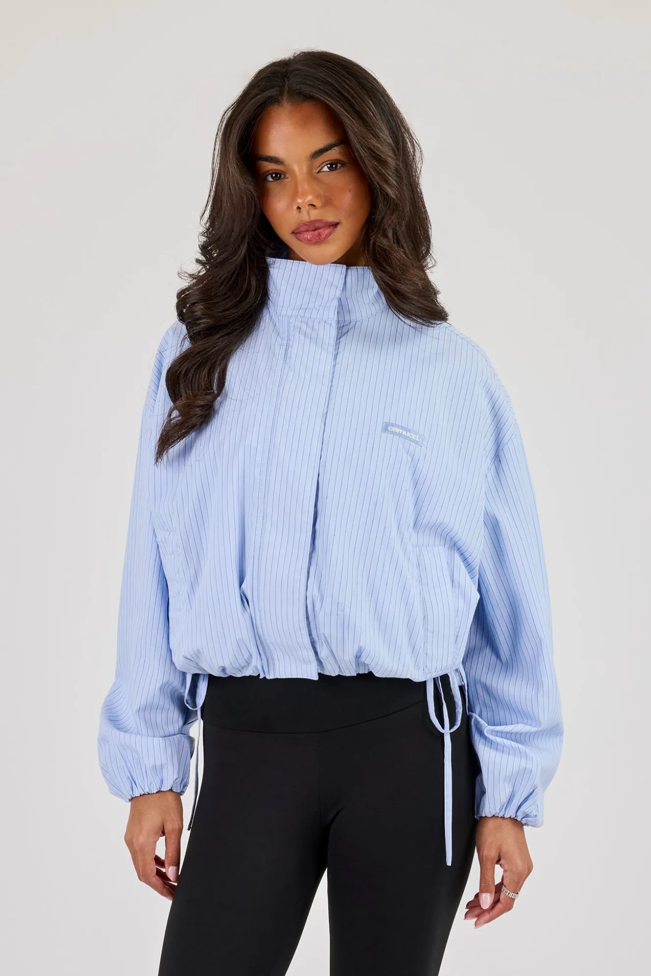 Stripe Nylon Funnel Neck Jacket - Light Blue