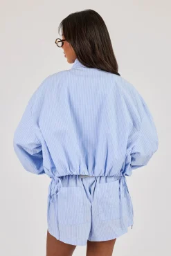 Stripe Nylon Funnel Neck Jacket - Light Blue