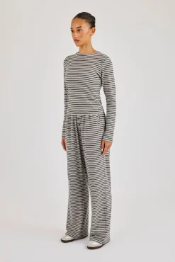 Stripe Soft Touch Long Sleeve Top & Button Detail Wide Leg Jogger - Grey
